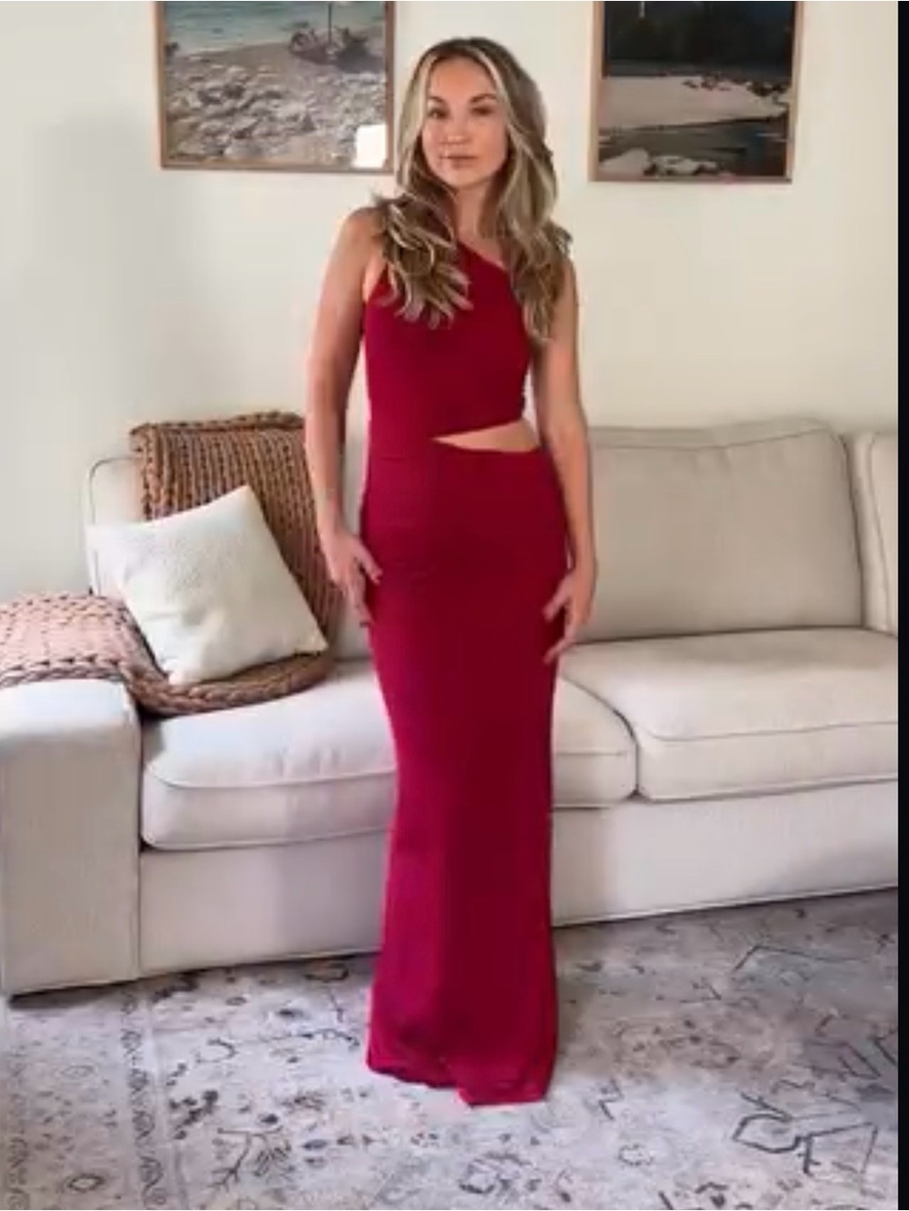 Peppermayo One-Shoulder Cutout Maxi Dress in Deep Raspberry low rise maxi